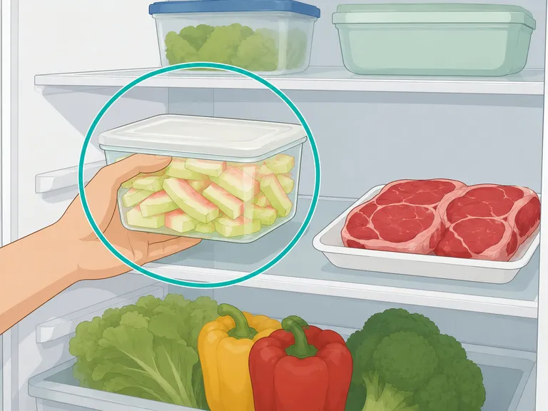 Cut watermelon rind stored in a covered container in the refrigerator.
