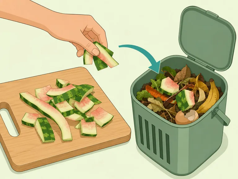 Extra watermelon rind pieces being placed in a compost bin.