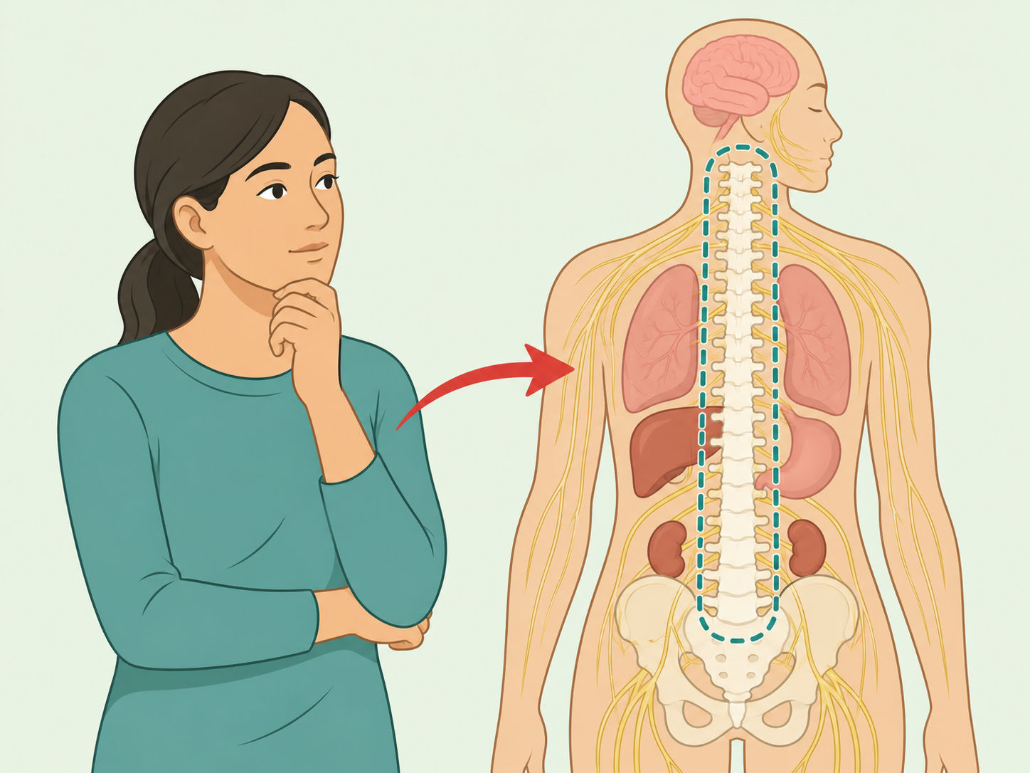 Illustration of a person reviewing how the spine, nerves, and organs relate to pain patterns.