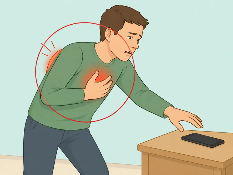 Person recognizing emergency warning signs with back and chest discomfort.