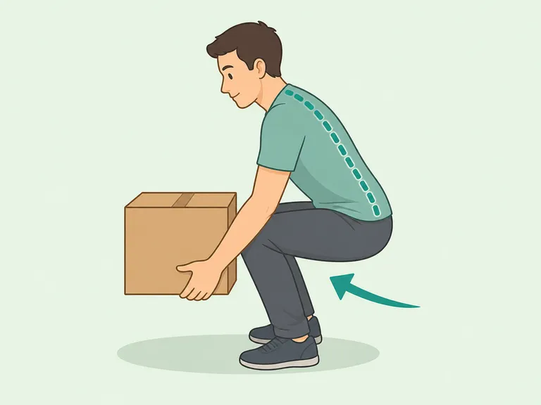 Person using spine-friendly lifting posture to reduce strain.