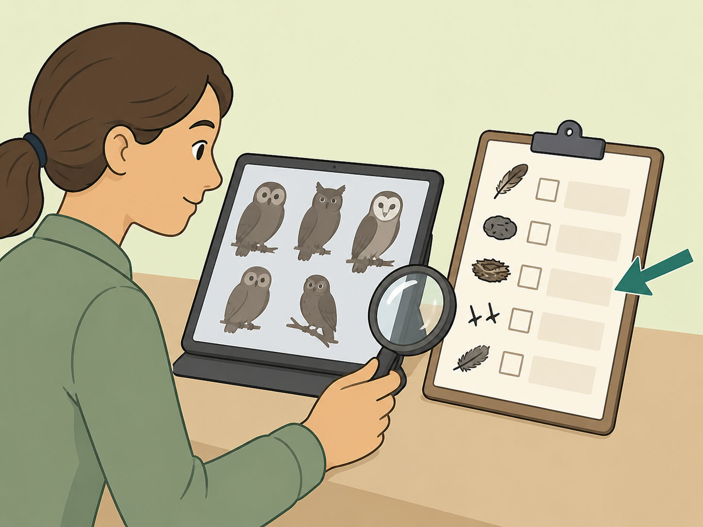 Person examining an owl personality quiz critically with a checklist.