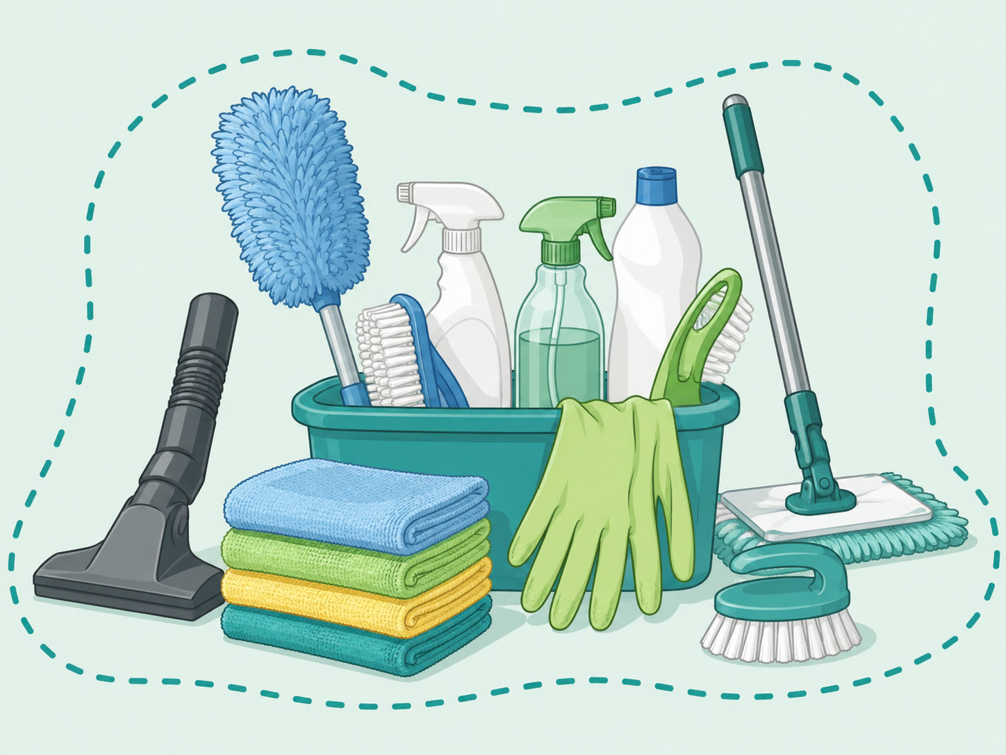 Illustration of an organized 16-tool cleaning kit for home use.