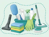 Illustration of an organized 16-tool cleaning kit for home use.