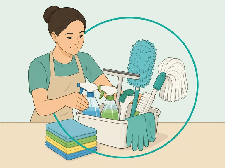 Person arranging a compact set of home cleaning tools.