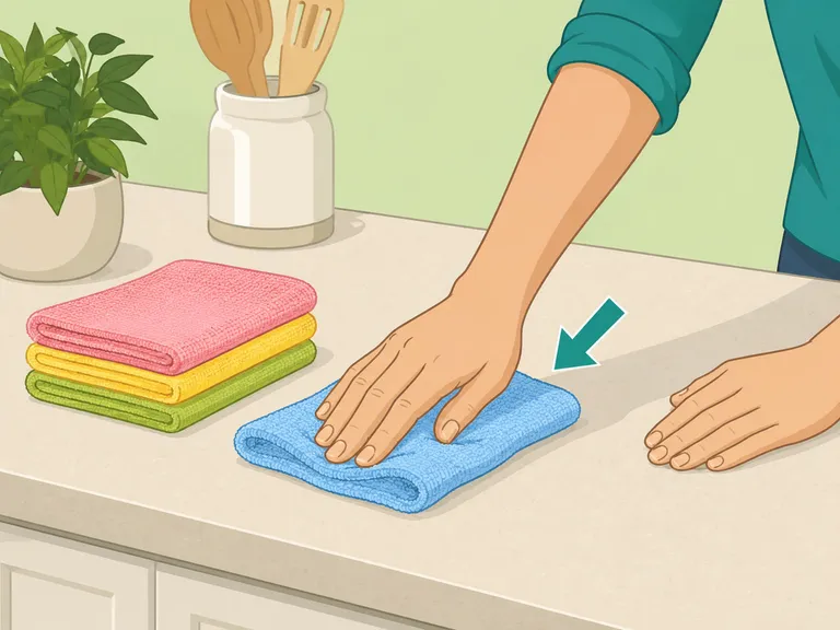 Hands using a microfiber cloth to wipe a counter.