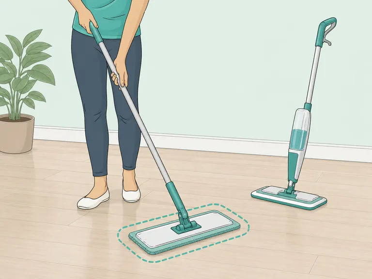 Person cleaning a hard floor with a microfiber mop.