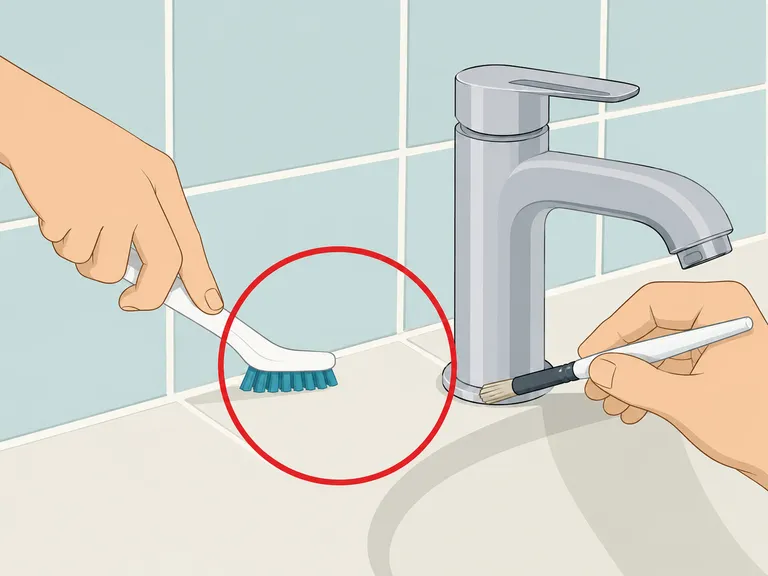 Hands scrubbing grout and small edges with dedicated brushes.
