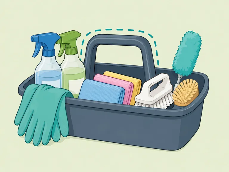 Cleaning bottles, gloves, cloths, and brushes organized in a caddy.