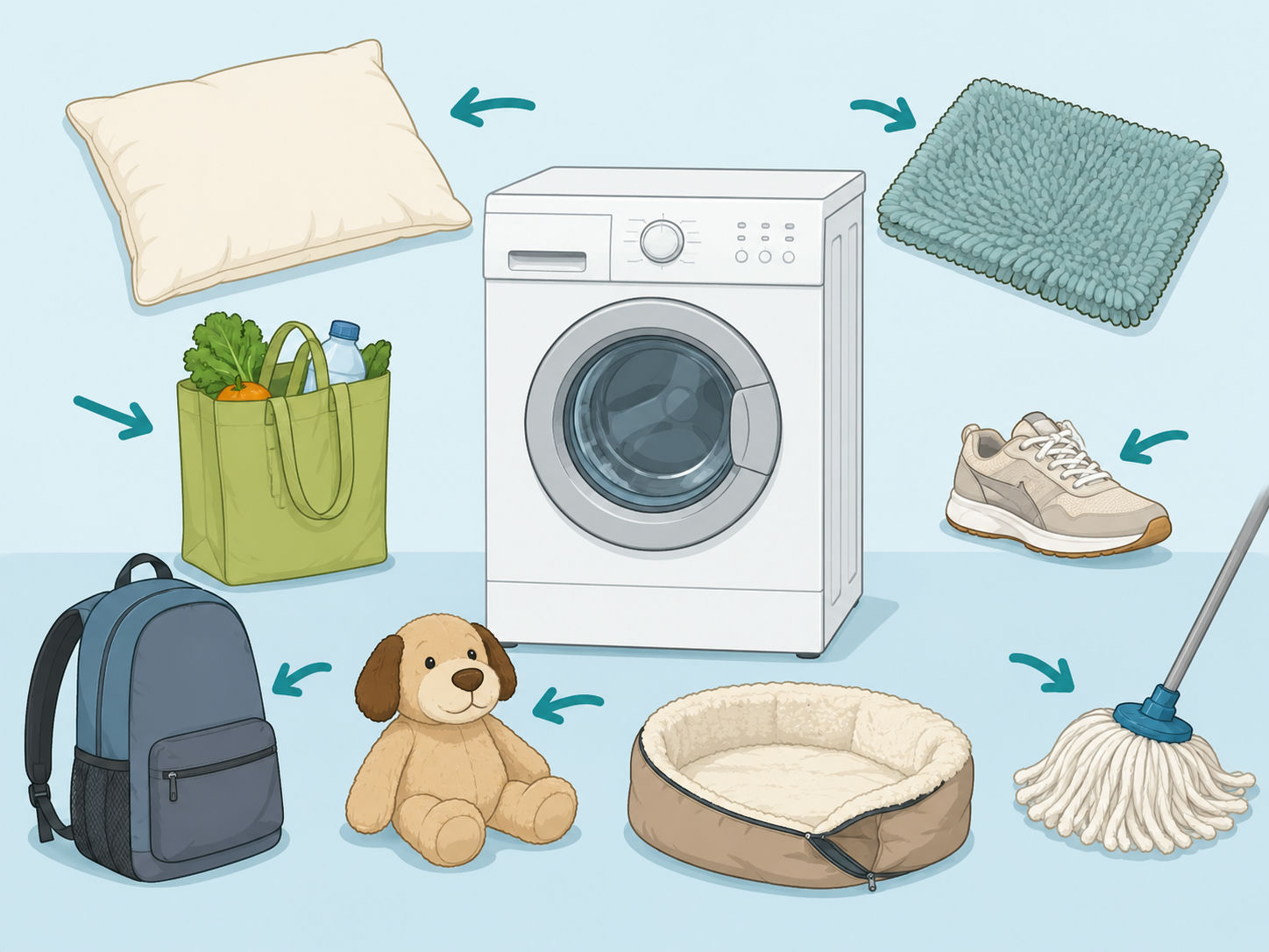 Illustration of household items around a washing machine ready to be cleaned.
