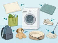 Illustration of household items around a washing machine ready to be cleaned.