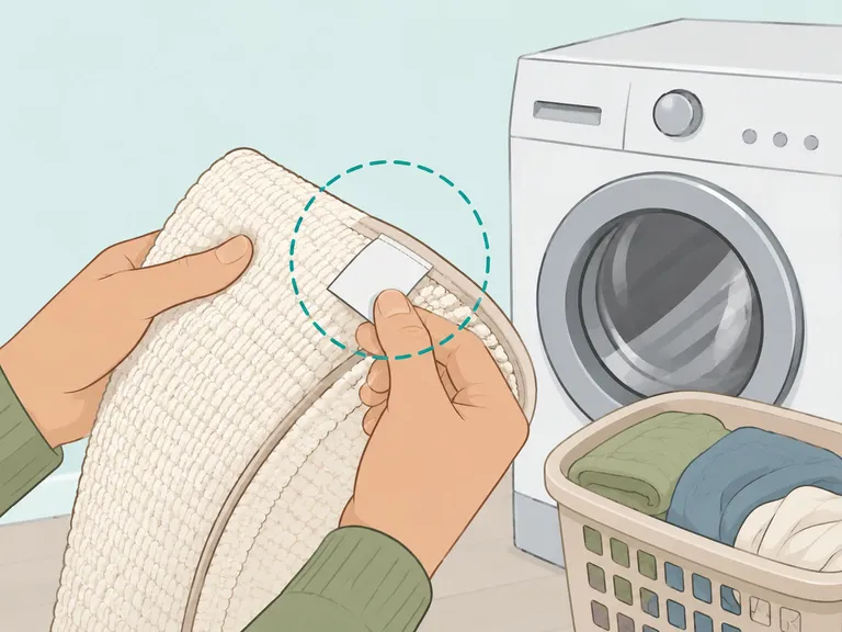 Hands checking a care label before washing a household item.