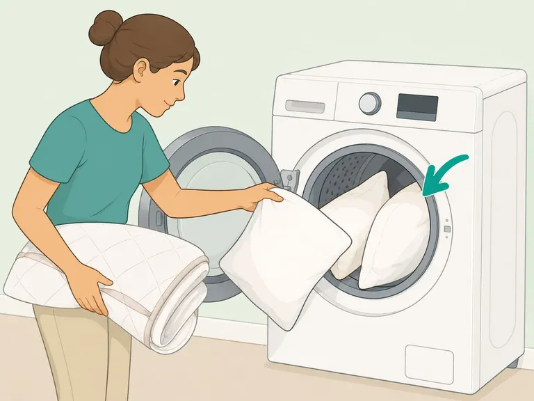 Pillows and a mattress pad being loaded into a washing machine.