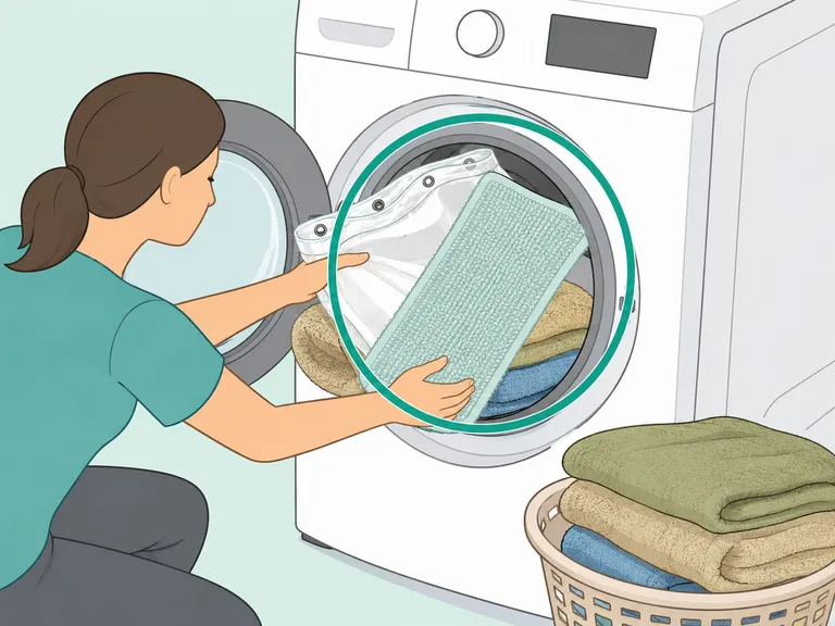 A shower curtain liner and bath mat being washed with towels.