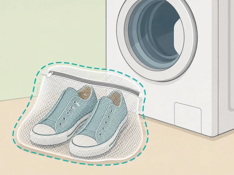 Sneakers placed in a mesh bag before machine washing.