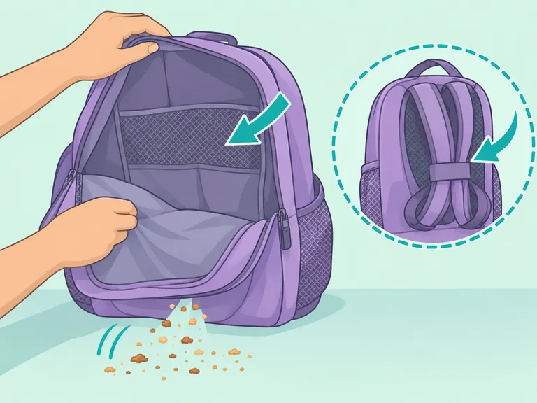A backpack being emptied and prepared for washing.