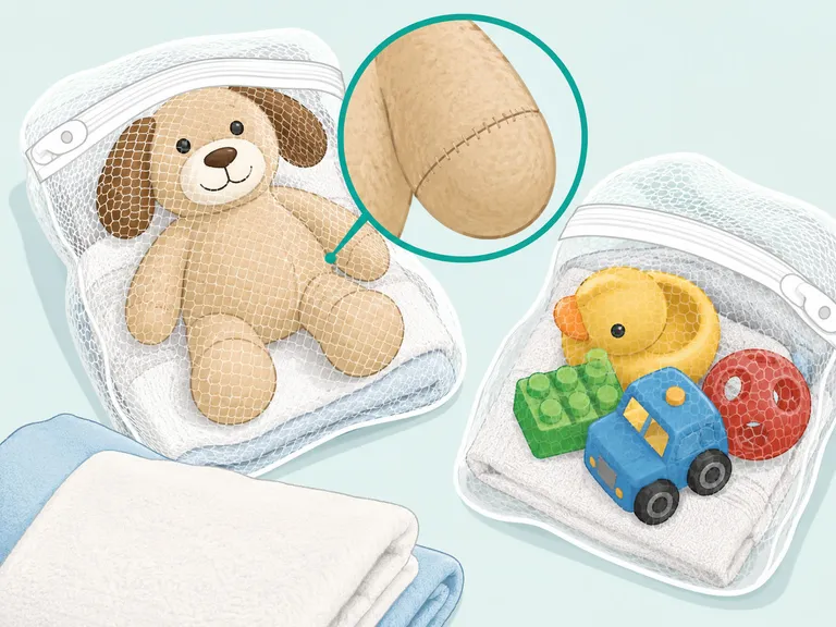Stuffed and plastic toys protected in mesh bags for washing.