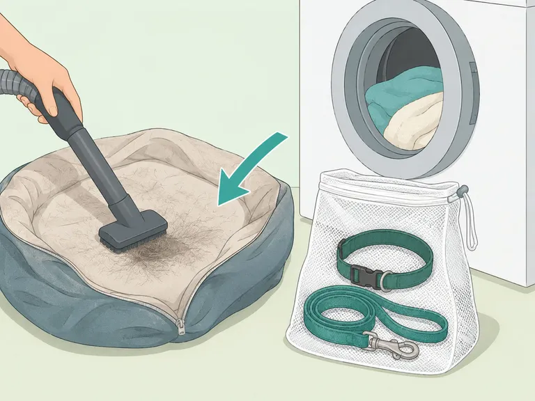 Pet bedding and accessories being prepared for the washing machine.