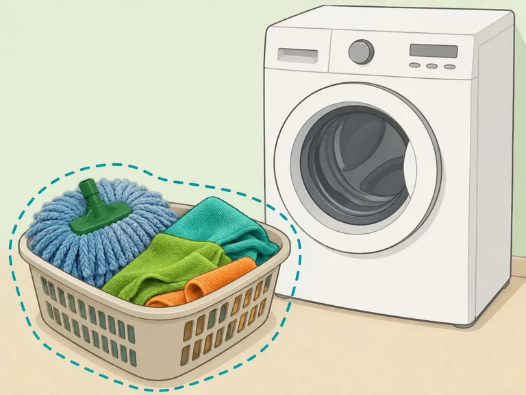 Mop heads and microfiber cloths separated for washing.