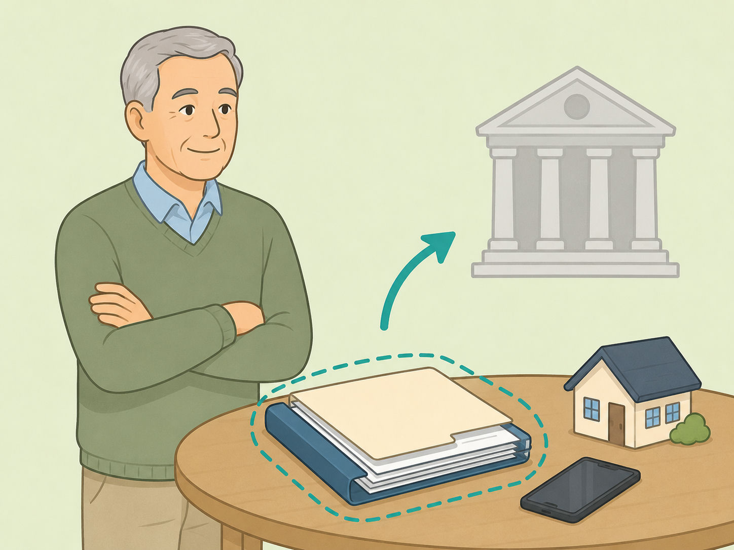 Older homeowner organizing documents to request help with an occupied home.