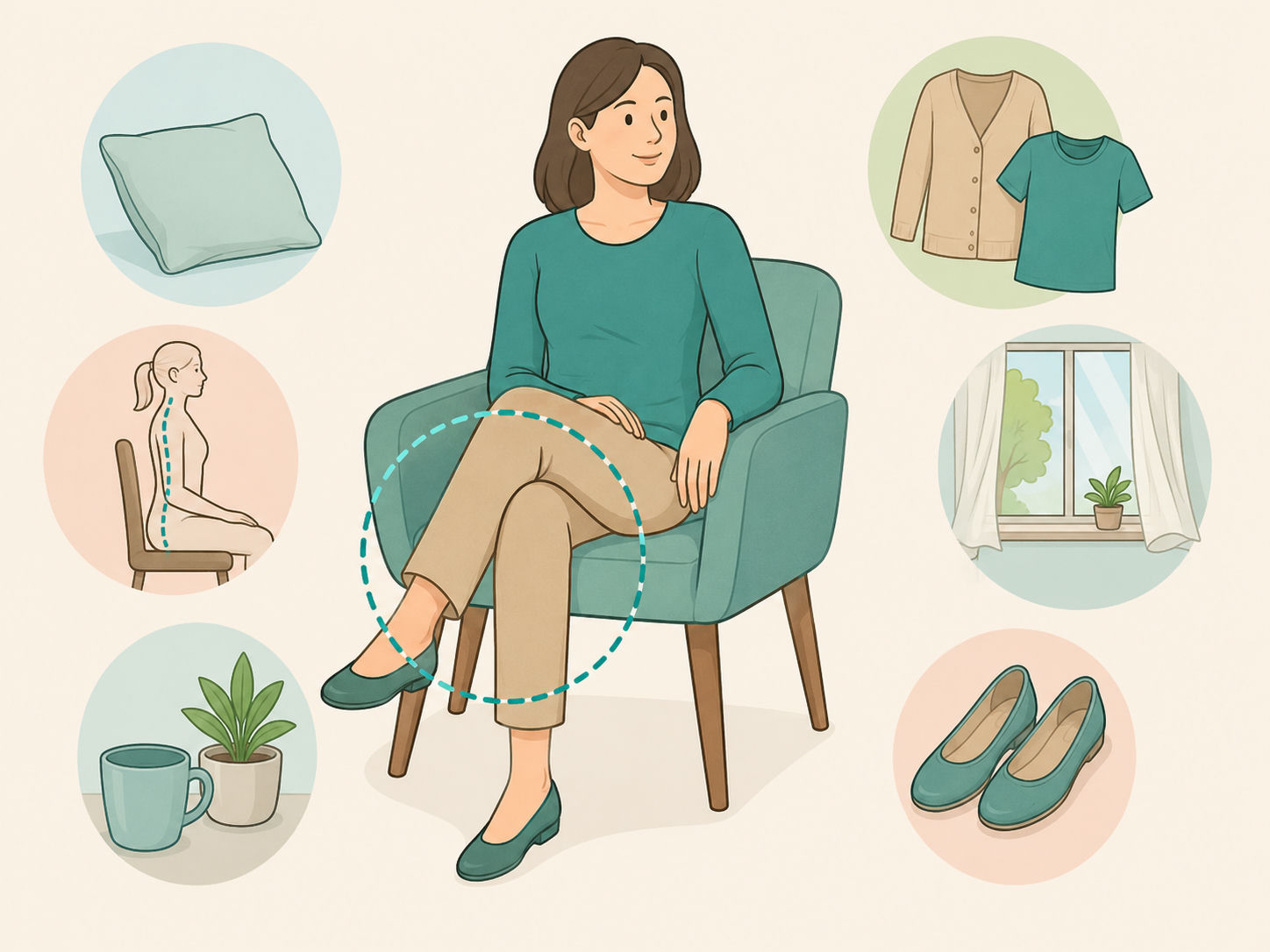 Illustration of a seated woman with crossed legs and simple context cues for posture and comfort.