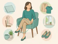 Illustration of a seated woman with crossed legs and simple context cues for posture and comfort.