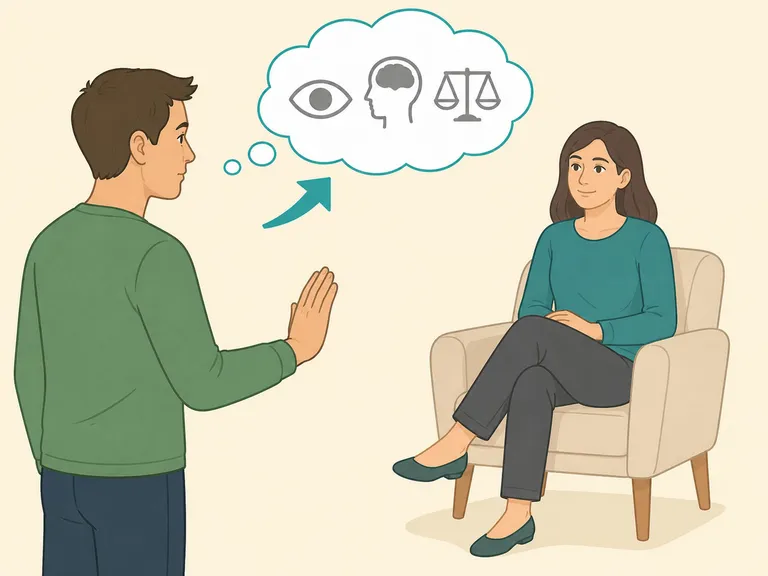 Person cautiously observing a seated woman without jumping to conclusions.