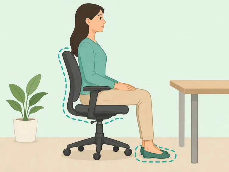 Woman checking chair comfort and seated posture.
