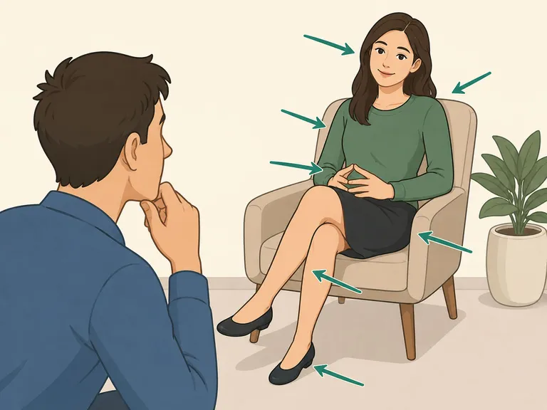 Person considering multiple body language cues instead of only crossed legs.