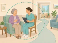 Caregiver calmly discussing late-night drinking safety with an older woman in a care home lounge.