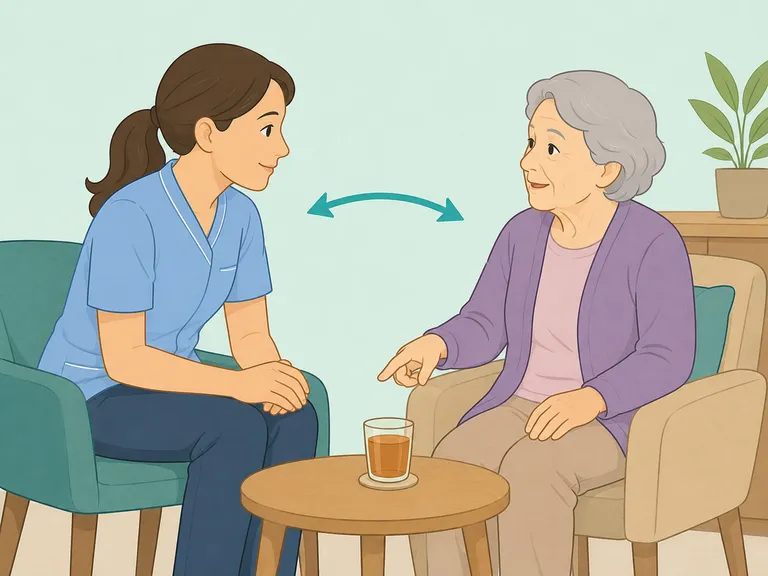 Caregiver listening respectfully to an older woman about late-night drinking.