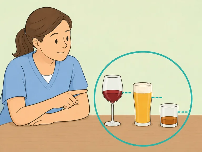 Caregiver checking alcohol serving sizes with simple drink glasses.