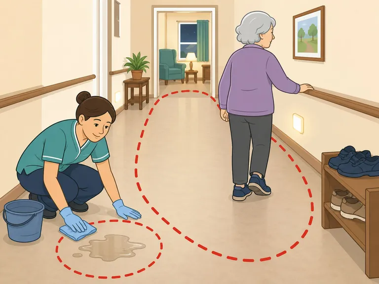 Care home hallway safety check showing a clear path and spill cleanup.