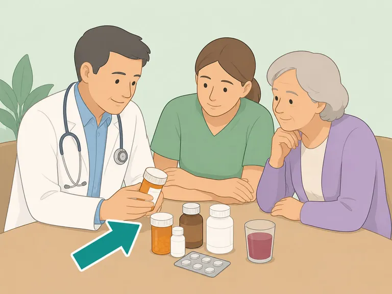 Doctor and caregiver reviewing medication safety with an older adult.