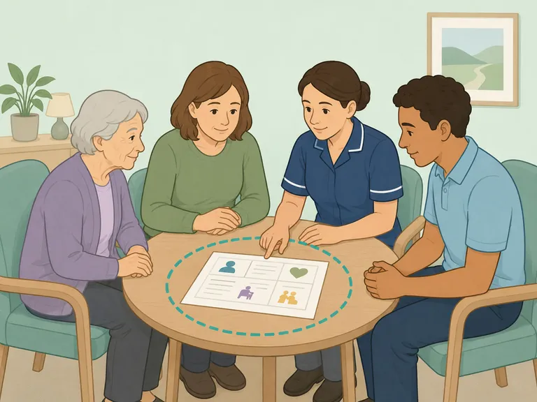 Care team meeting with an older resident to make a written safety plan.