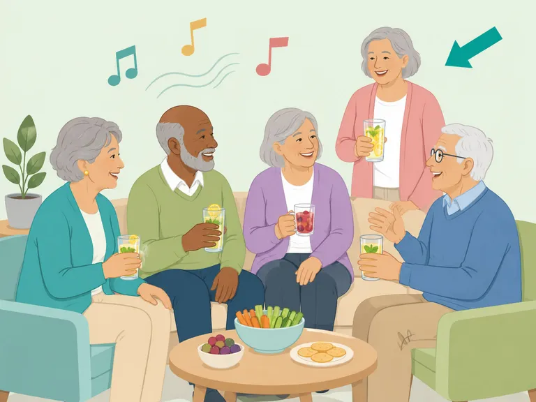 Older adults socializing earlier in the evening with snacks and alcohol-free drinks.