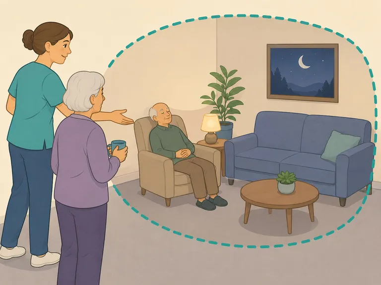 Caregiver setting calm overnight boundaries in a care home lounge.