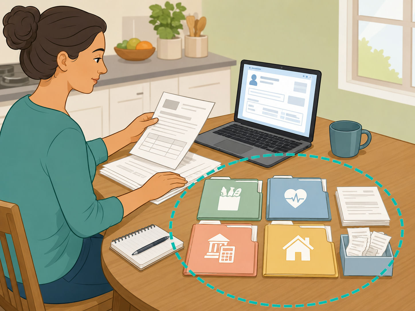 Parent organizing family benefit documents at a table with a laptop and folders.
