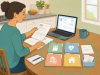 Parent organizing family benefit documents at a table with a laptop and folders.