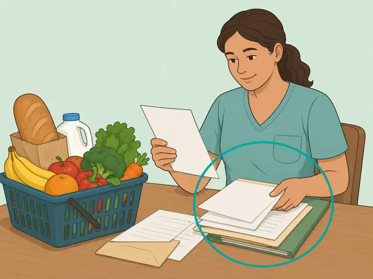 Caregiver checking food assistance paperwork beside groceries.