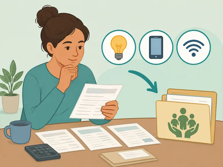 Person checking household bills for possible assistance.
