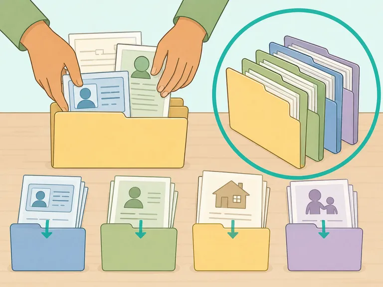 Hands organizing documents needed for benefit applications.