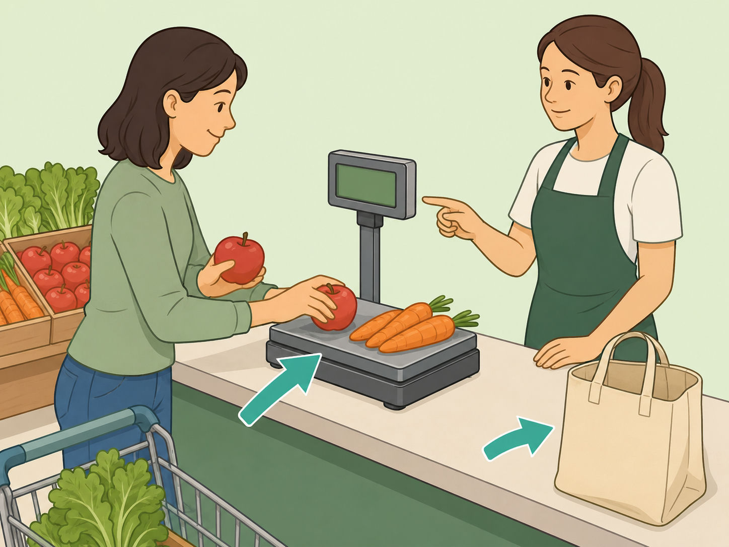 Shopper weighing loose fruits and vegetables at a grocery scale with the reusable bag set aside.