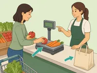 Shopper weighing loose fruits and vegetables at a grocery scale with the reusable bag set aside.