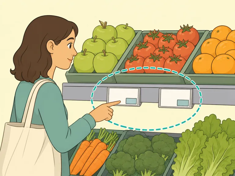 Shopper checking unit prices before choosing produce.