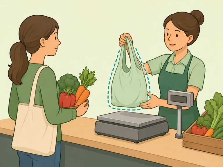 Cashier preparing to subtract the reusable bag weight before weighing vegetables.