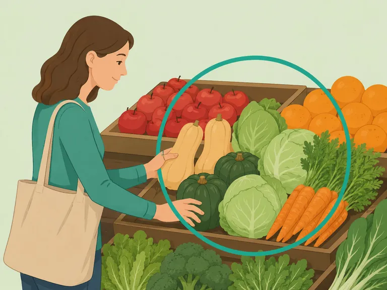 Shopper choosing seasonal fruits and vegetables.
