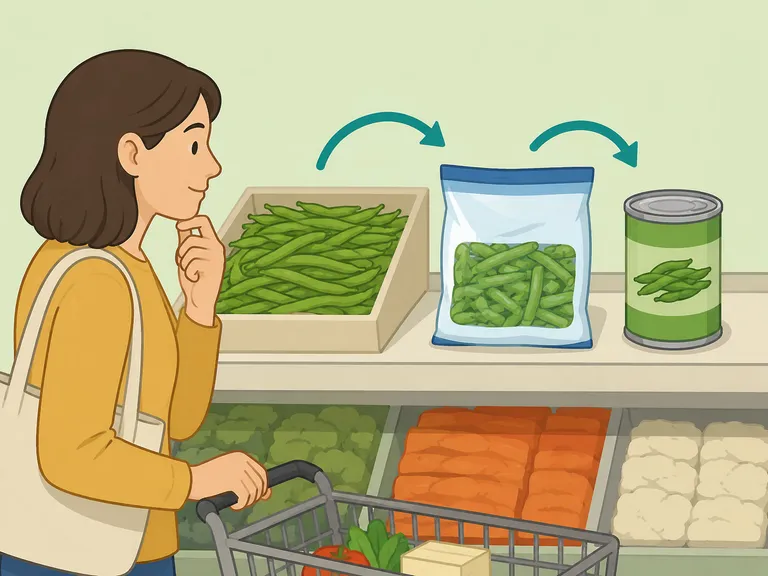 Shopper comparing loose, frozen, and canned vegetable options.