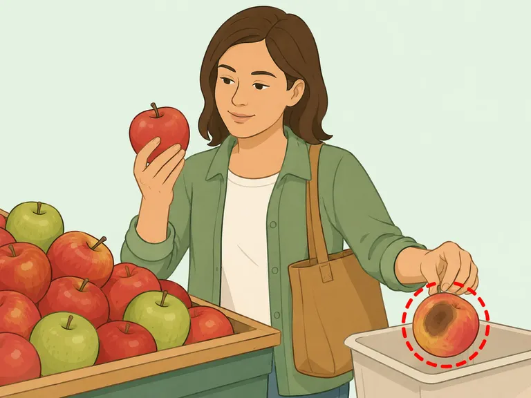 Shopper checking produce for bruises and choosing a firm fruit.