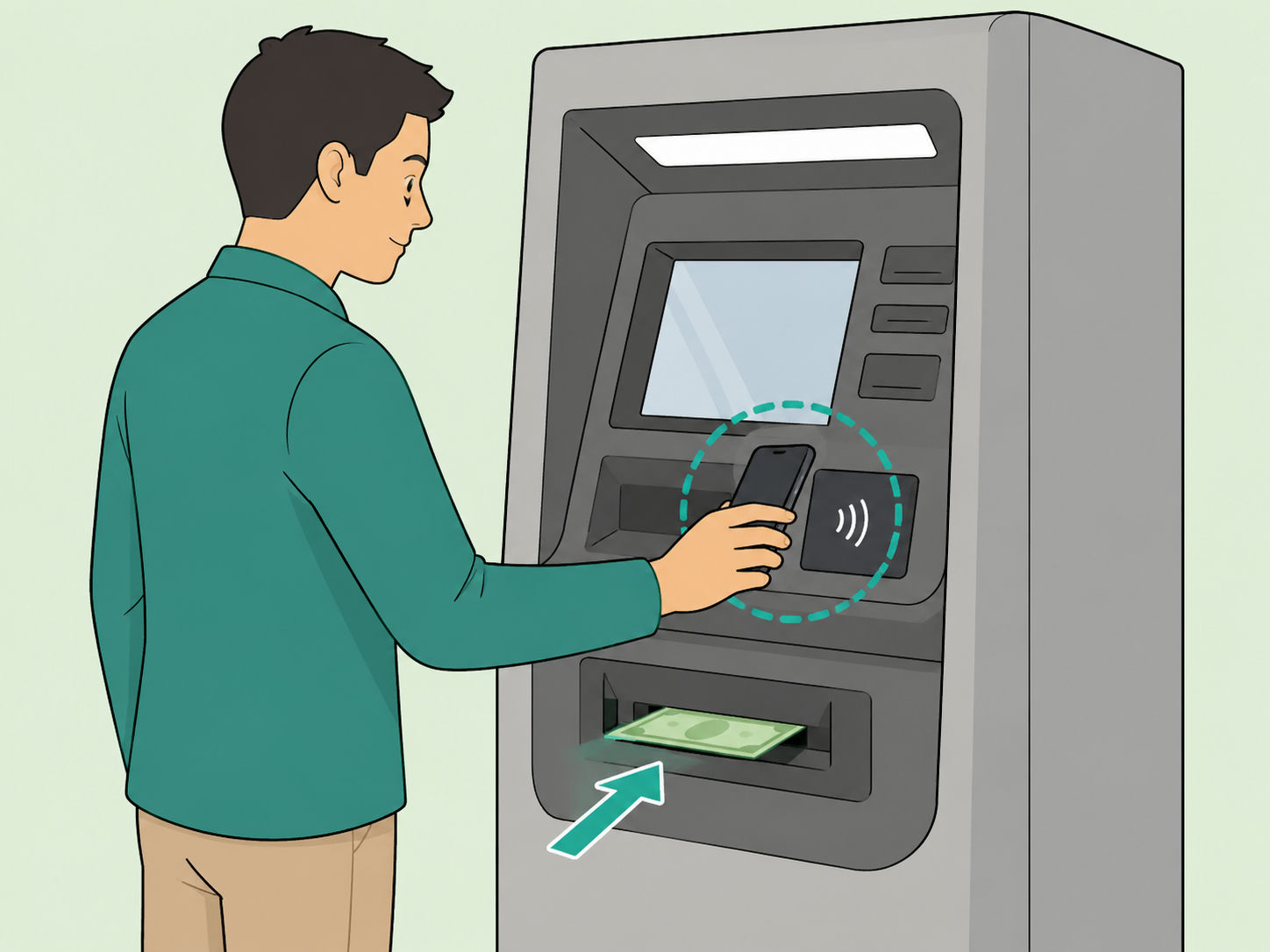 Person using a smartphone to withdraw cash from an ATM without inserting a card.